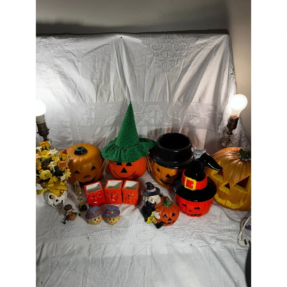 Vintage Halloween Decor Bundle Jack-O-Lantern Blow Mold Ceramic Witch Scarecrow